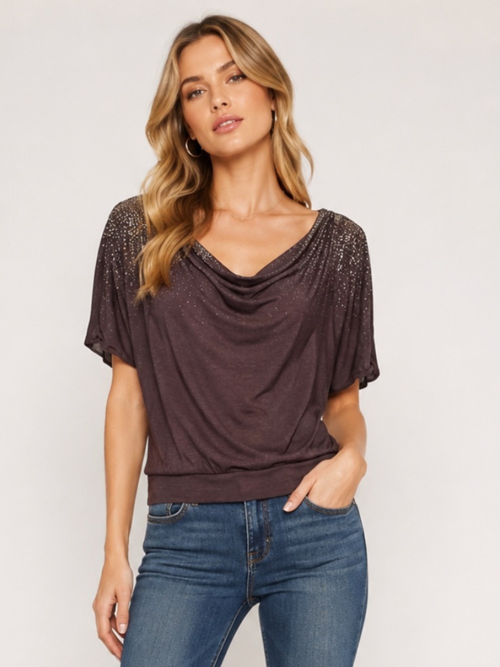 Express Y2K Shimmery Brown Cowl Neck Short Sleeve Top Size Large